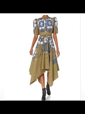 Olive Floral Asymmetrical Shirt Dress with Waist Tie